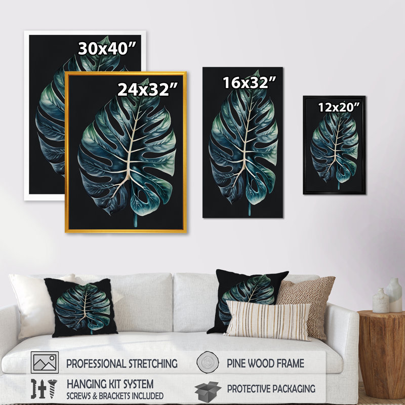 Philodendron feuille IV - reproduction sur toile, H 32 po x l 16 po x P 1 po, Impression dorée sur toile encadrée