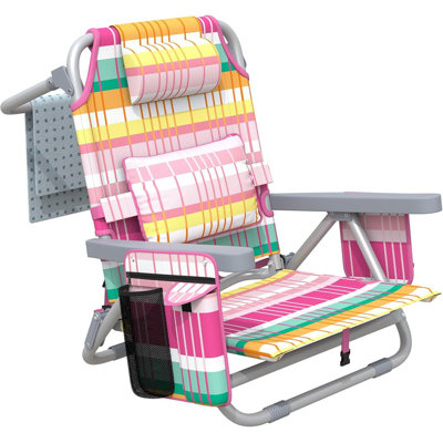 Chaise de plage à dossier inclinable, chaises de plage pliantes portatives avec 5 positions réglables, glacière intégrée et sangles de sac à dos