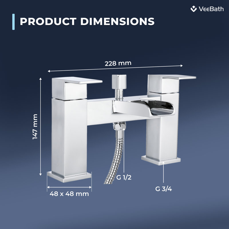 VeeBath Kinross Square Waterfall Bath Shower Mixer Filler Tap, Shower - Chrome