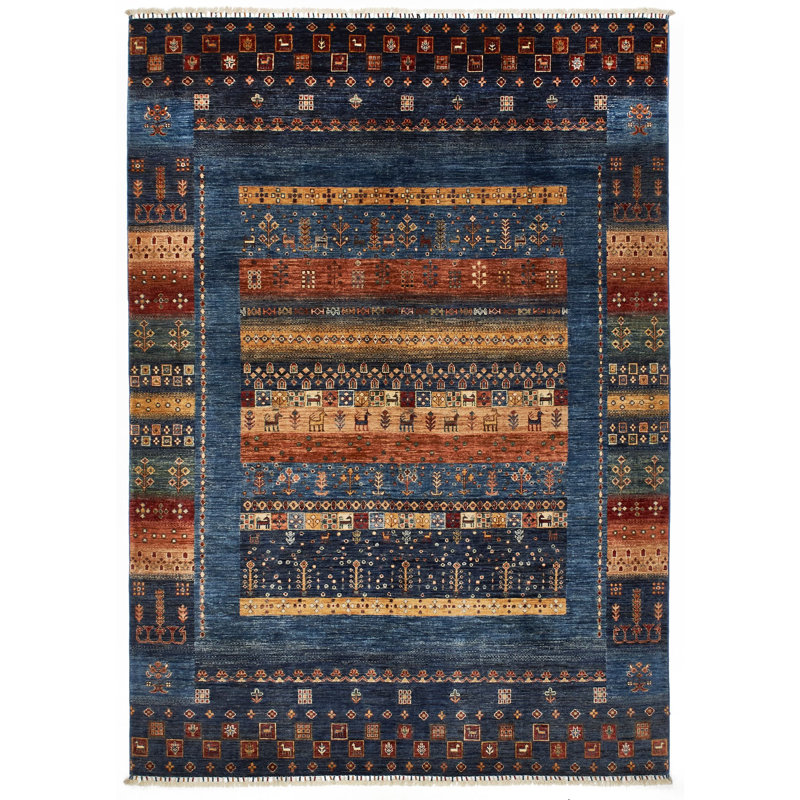 Tapis tribal turc 7 x 7 po bleu et multicolore