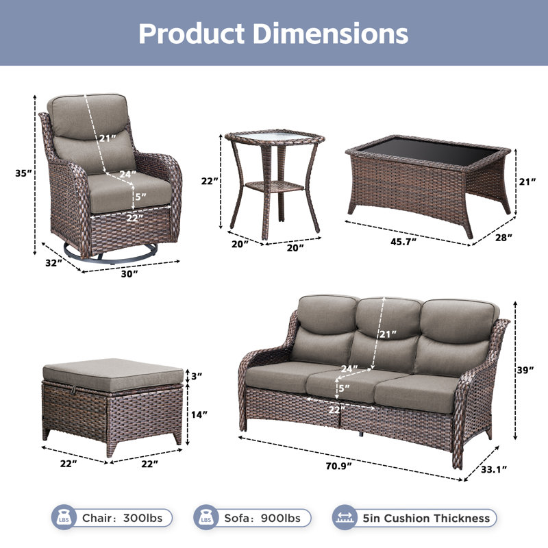 5-7 Person Outdoor Wicker Patio Conversation Set With Ottomans, Brown, Gray