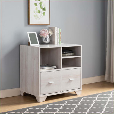 Printer Stand with Two File Cabinets &amp; Open Shelving, Modern White Oak | Particle Board | Power/USB Outlets