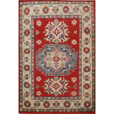 Tapis rouge en laine fait à la main Kazak 3 x 4