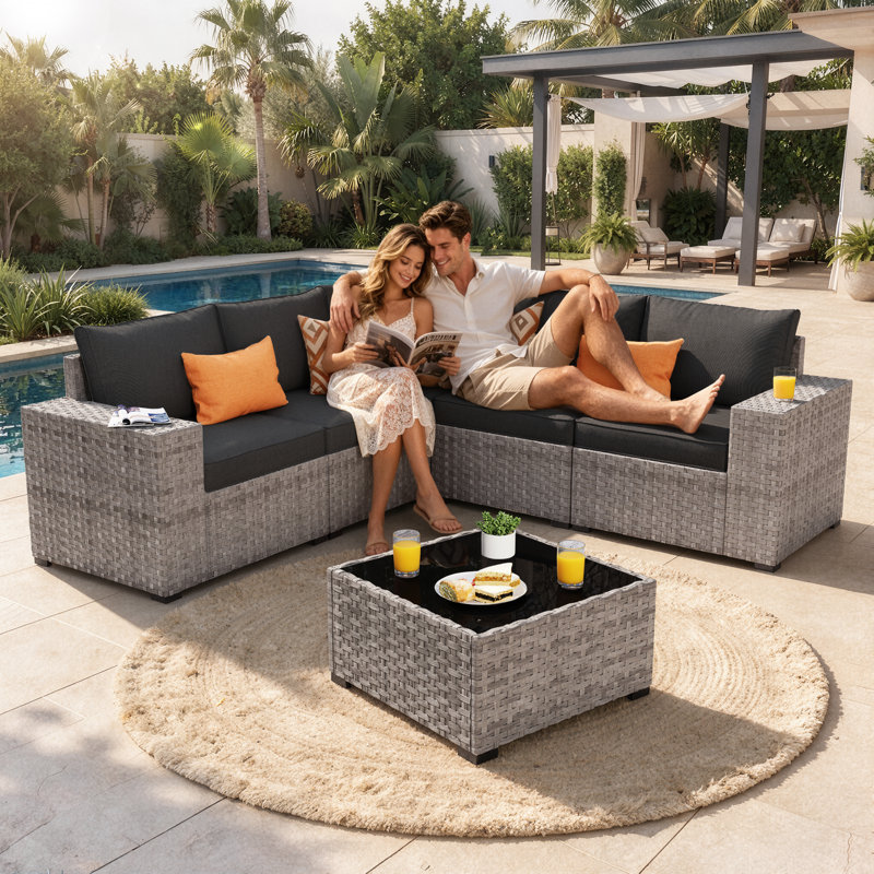 5 - Person Patio Furniture Set , Outdoor Wicker Rattan Sectional Seating Group with Cushions, All Weather Sofa Conversation Set with Table for Garden Backyard