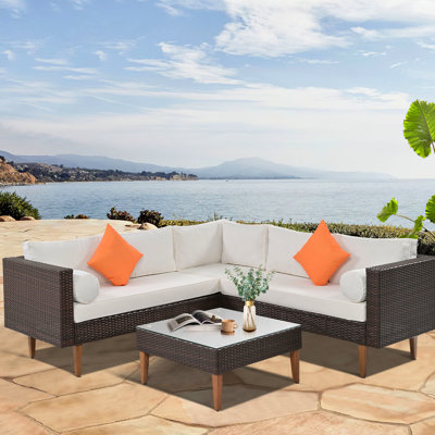 Extérieur - 4 pièces, coussins beiges, brun, imperméables, pieds en bois massif, option de salon gracieux Go 4, meubles de patio avec espace de détente confortable et stable