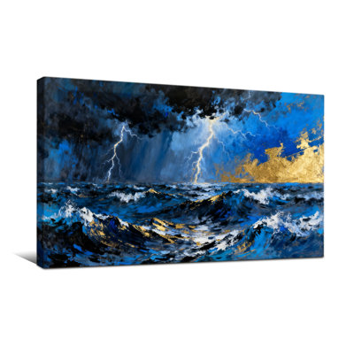 Nautical & Beach Stormy Ocean Waves Lightning Sky Gold Accents