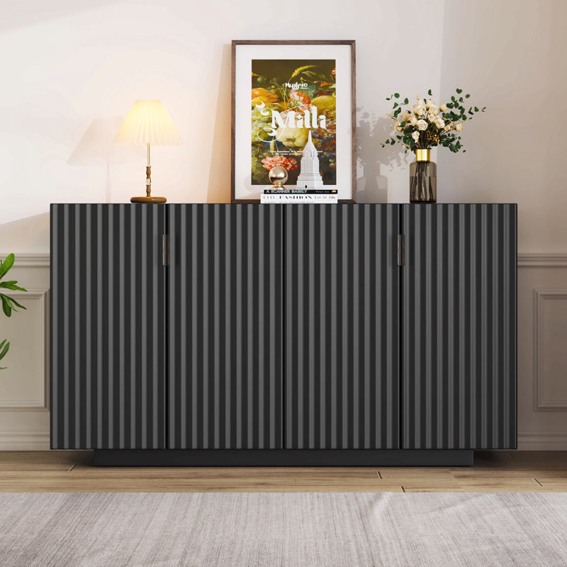 Buffet Cabinet With Storage, Sideboard Cabinet With Ample Storage Space,4 Fluted Doors Credenza Storage Cabinet With Adjustable Shelves For Dining Room And Living Room