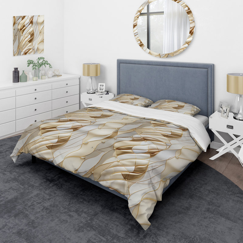 Ensemble de housse de couette en microfibre blanc / or / gris Eileadh, Housse de couette pour grand lit et 2 taies décor