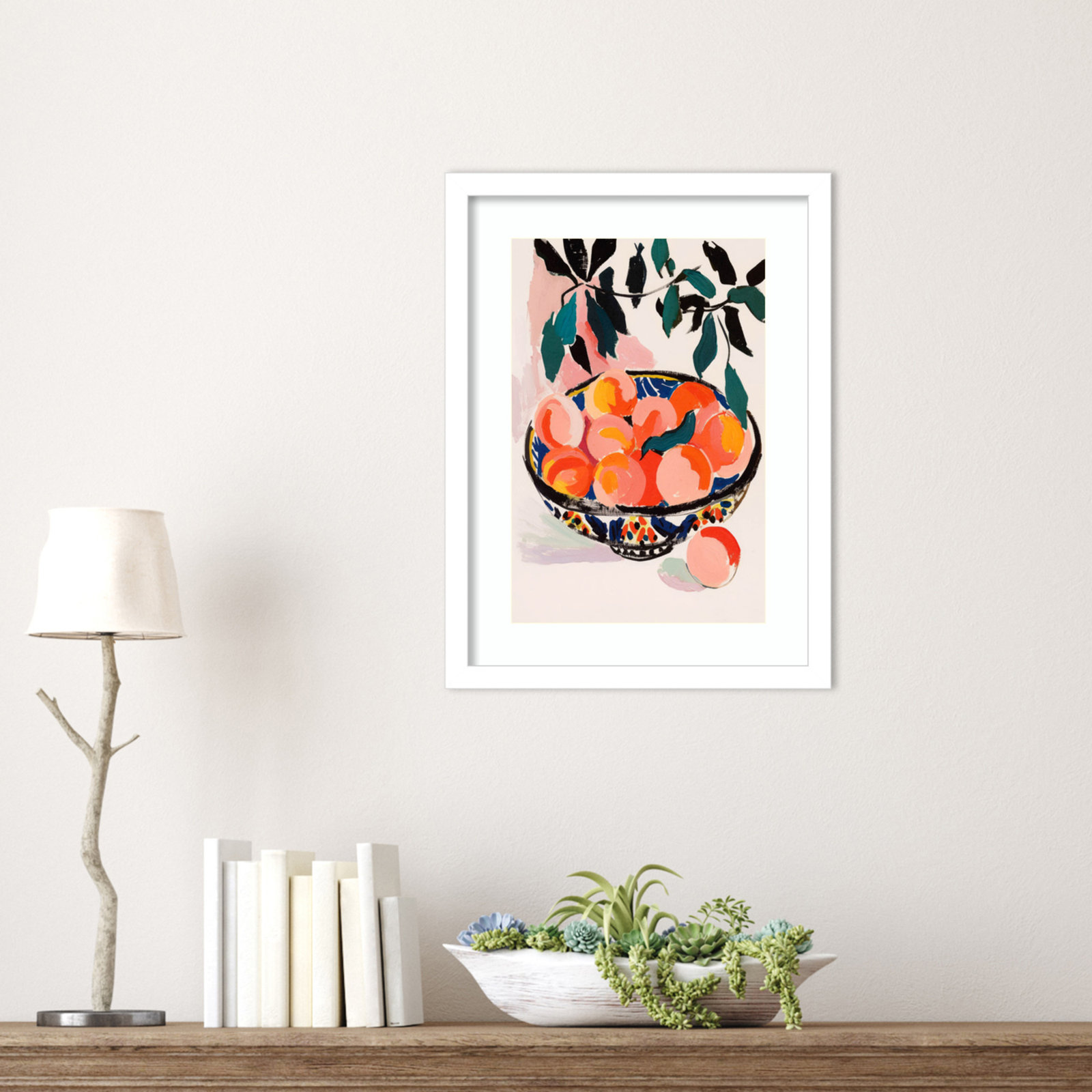 Ottilie "Fresh Peach Fruit Bowl" Print, White Framed, 17" H x 13" W