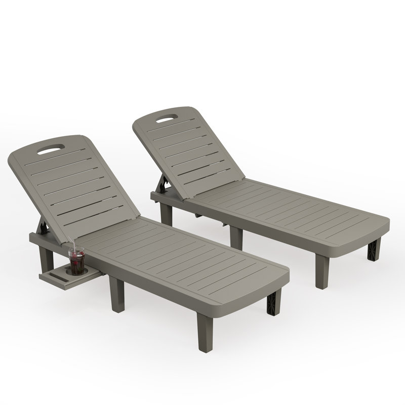 Ensemble de chaises longues d'extérieur en résine 2 pièces avec porte-gobelets, Gris