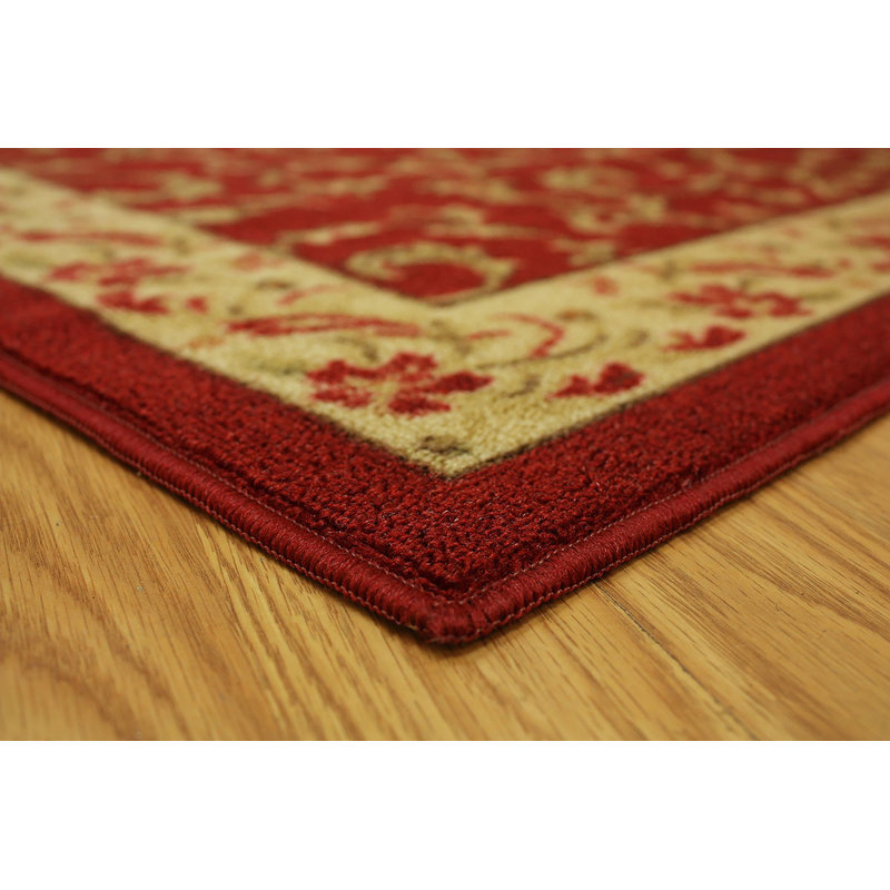Floral Scroll Red Slip Resistant Machine Washable Rugs, Rectangle 5' x 6'6"