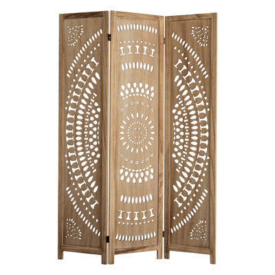 67”H Solid Wood - Panel Folding Carved Room Divider With Floral Design - Natural & Distressed Finish by Dakota Fields