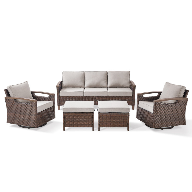 Ensemble de conversation d'extérieur en rotin pour 5 personnes avec chaises pivotantes Arundel, coussins inclus, Beige