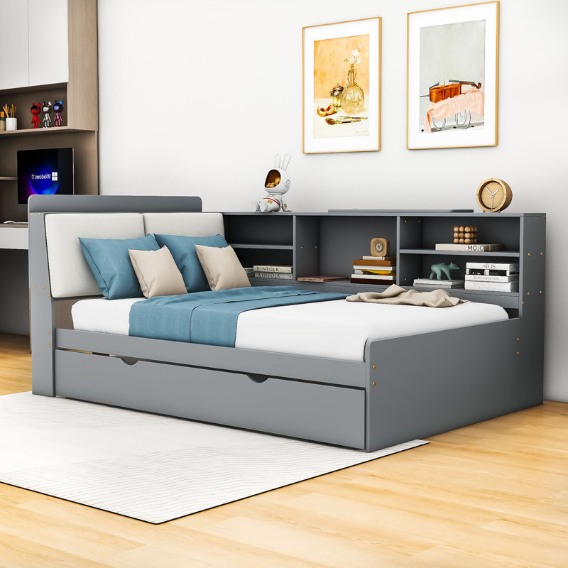 Lit plateforme avec couchette, tablettes et tête de lit en bois Corentin, Gris, Double