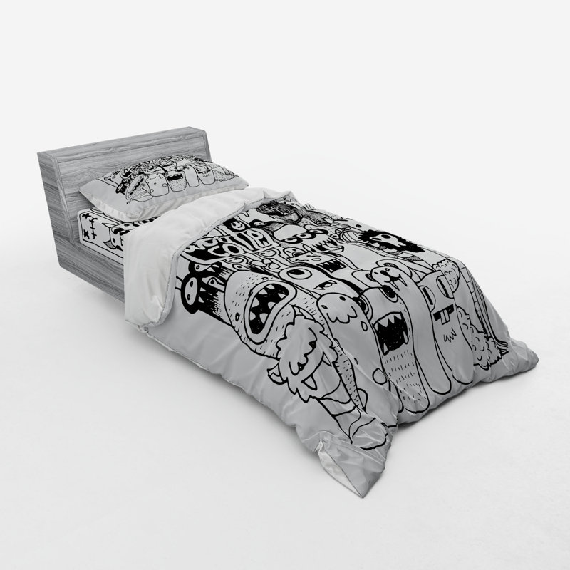 Ensemble de housse de couette amusante à la main éléphants drawed doodle, Housse de couette simple TG + 2 articles suppléme