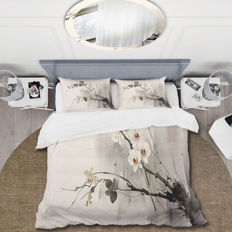 Twin Gray Asian Art Microfiber Duvet Cover Set