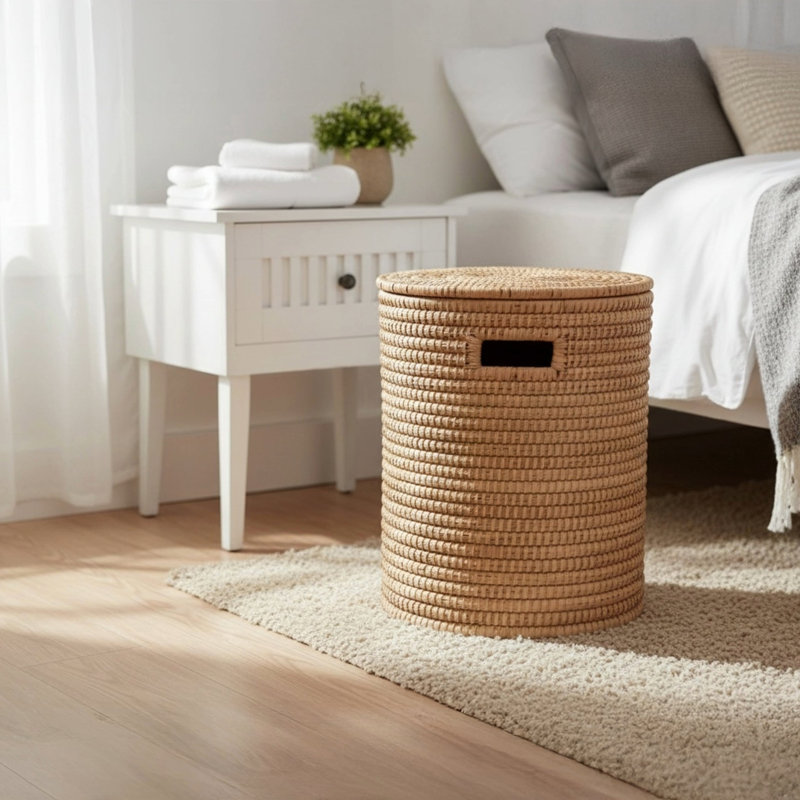 100% Handwoven Natural Rattan Approximately 16-18" Round Basket with Lid & Handles, Boho Farmhouse Decorative Laundry & Storage Organizer, Handcrafted – Authentic African Craftsmanship