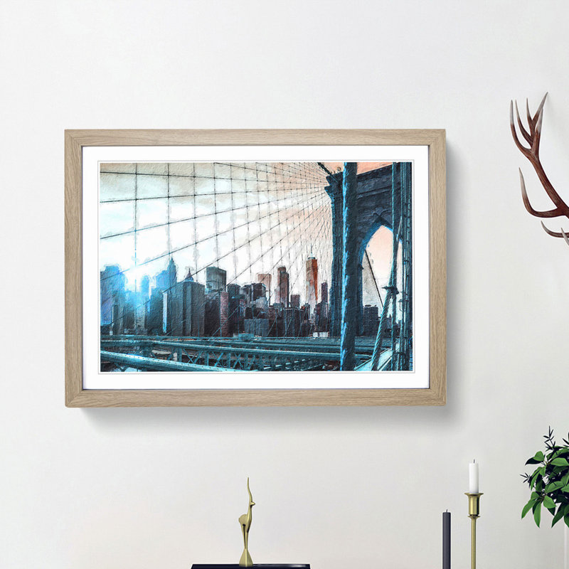 Brooklyn Bridge and New York Skyline - Picture Frame Painting Print, 36cm H x 48cm W x 2cm D, Oak Framed