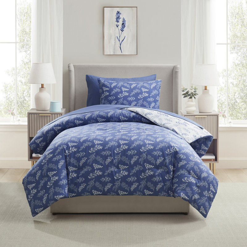 Nestl Botanical Bed in a Bag 5 piece Comforter Set with Sheets & Pillow Shams, Slate Blue/Cloud Stone