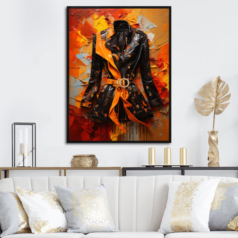Glennet - robe sculptée orange et noire sur toile, H 40 po x l 30 po x P 1,5 po, Cadre flottant noir