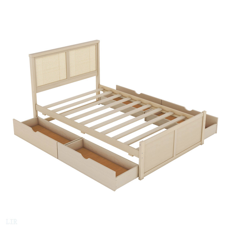 Lit plateforme avec rangement en bois avec 4 tiroirs, tête de lit en rotin, cadre de lit, Naturel antique, Lit double