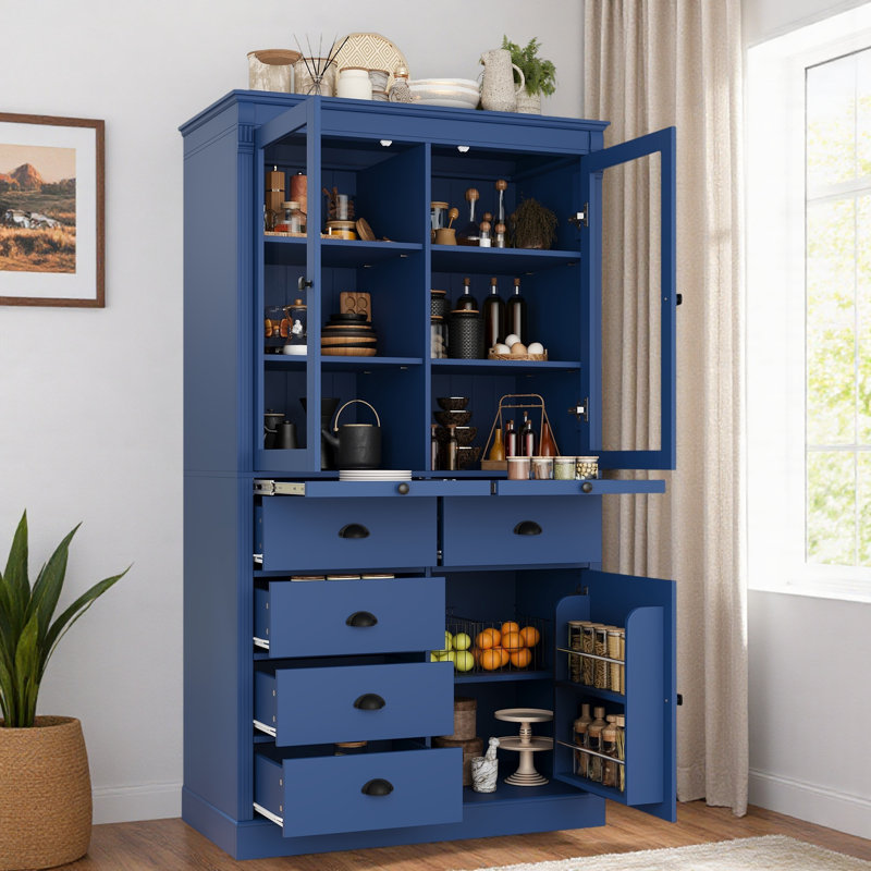 Garde-manger avec portes en verre, tiroirs, plateaux de service et tablettes, Bleu
