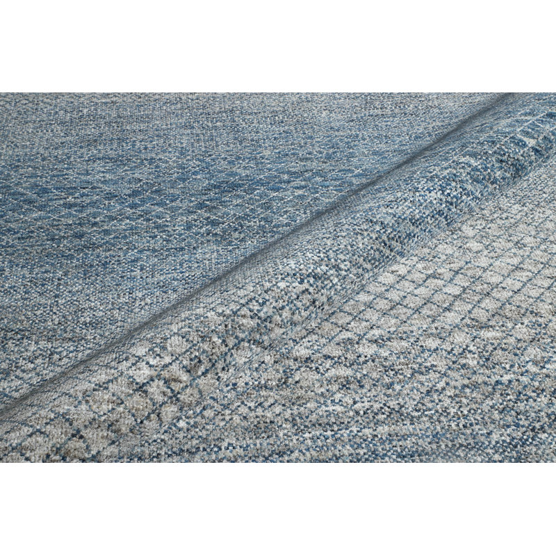 Tapis bleu et argent noué à la main de haute qualité, Rectangulaire 9 pi 10 po x 14 pi
