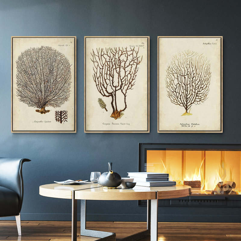 Indigo Tile I - Ensemble de 3 reproductions encadrées sur toile, Bois naturel, H 40 po x l 78 po
