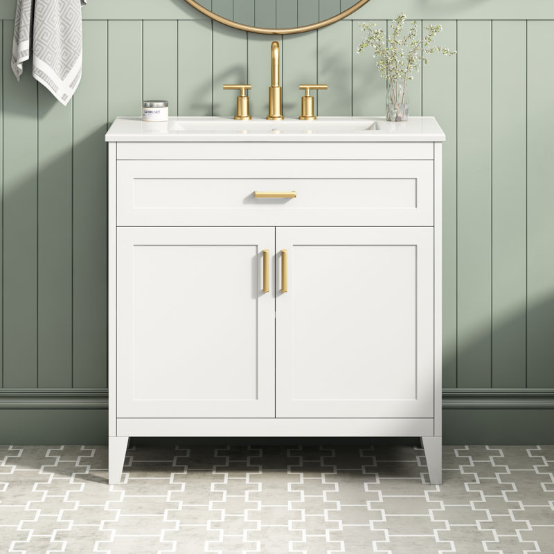 Meuble-lavabo simple de 30 pouces avec dessus de lavabo en céramique, pieds en bois massif, portes doubles à fermeture en douceur
