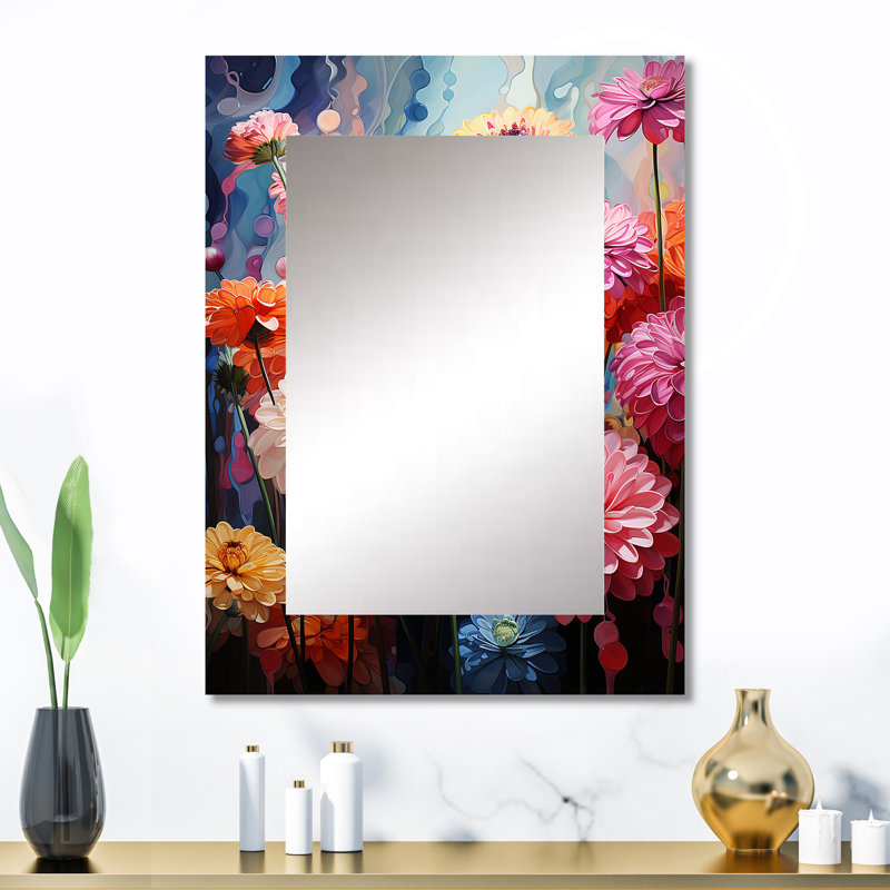 Champ de Zinnias aux tons doux - miroir décoratif Zinnias, miroir mural traditionnel, impression d'art en métal