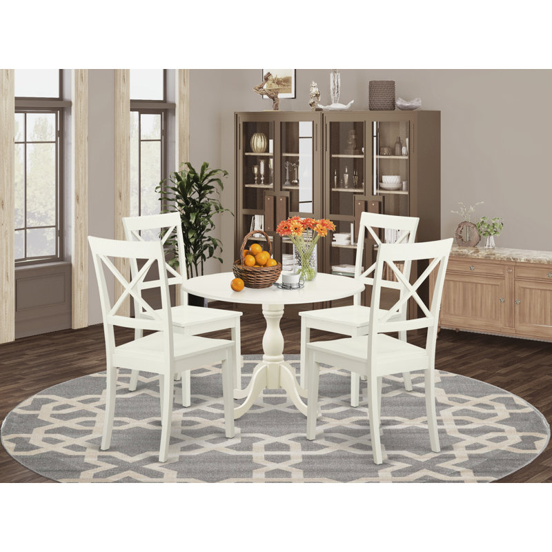 Ensemble de table de salle à manger 5 pièces moderne comprenant une table ronde en bois avec Dropleaf et 4 chaises, 42 po x 42 po, lin blanc