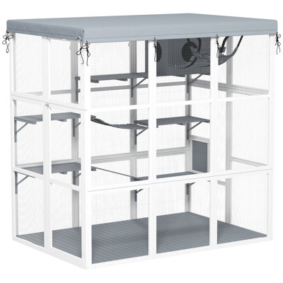 Outdoor Catio Cat Enclosure, Large Luxury Walk in Cat House with Hammock, Condo, Jump Platforms, Ladders, Ramps, Tarp, for 2-4 Cats, Gray, 71"