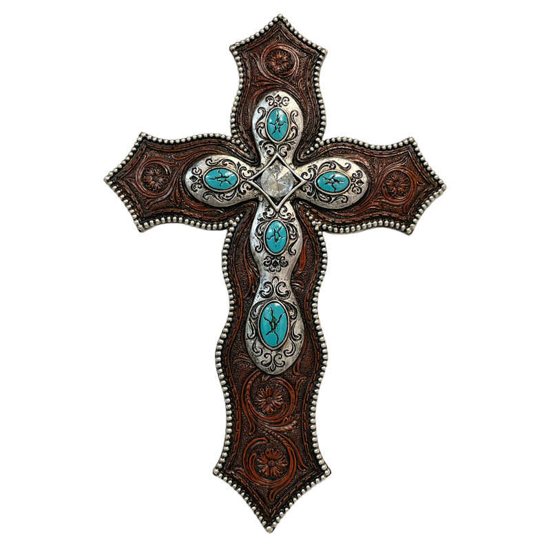 Décoration murale polie en croix en cuir poli et turquoise