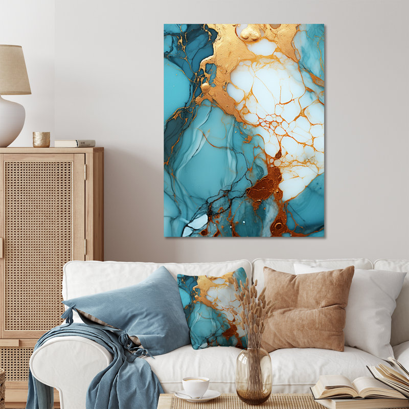 Encre en marbre doré et bleu - Décoration murale en marbre, H 32 po x l 16 po x P 1 po