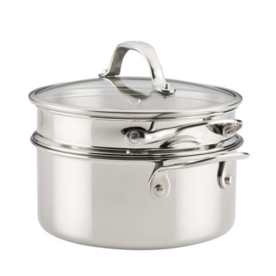 Vanderpump By Anolon Tri-Ply Clad Stainless Saucepot with Lid and Steamer Insert, 3-Quart, Stainless Steel