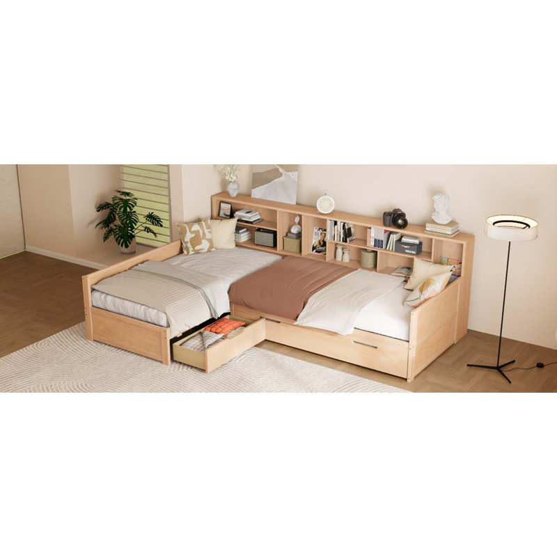 Lit de jour simple en L en forme de L avec lit gigogne sous le lit et tiroir de rangement, cadre de lit d'angle polyvalent avec bibliothèques pour 3