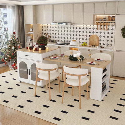80-inch Expandable Kitchen Island with Dining Table, Solid Wood Grain Countertop with Power Outlet, Mobile Storage Cart with Cabinet & 2 Drawers, Kitchen Prep Table(White)