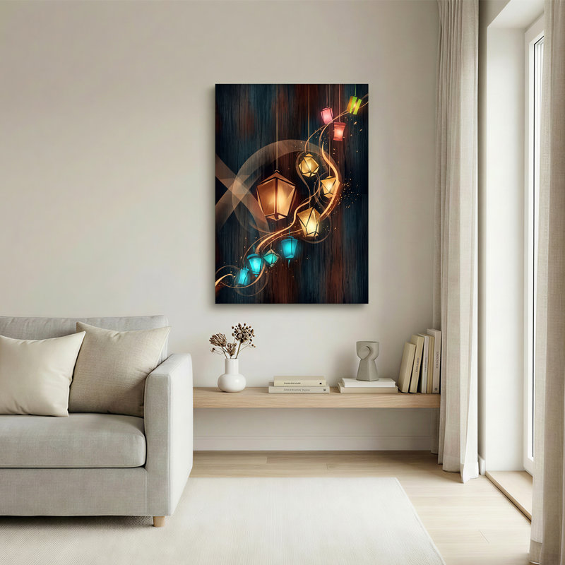 Art mural sur toile de lanternes bleues et dorées, 30"H x 20"W