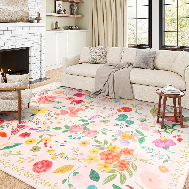 Groner Large Flower Living Room Rug Washable Bedroom Rug Non-Slip Colorful Vintage Accent Floor Carpet For Home Decor