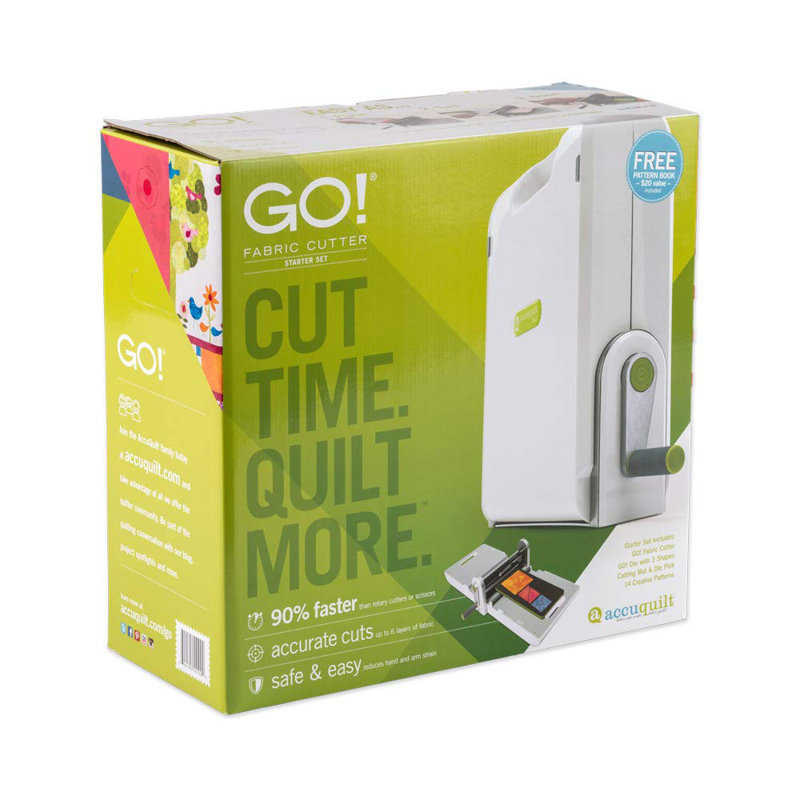 AccuQuilt GO! Fabric Cutter Starter Set including the GO! Fabric Cutter, Original Handle, GO! Value Fabric Cutting Die, GO! 6” x 12” Cutting Mat, 20 Pg Pattern Book, and Die Pick.