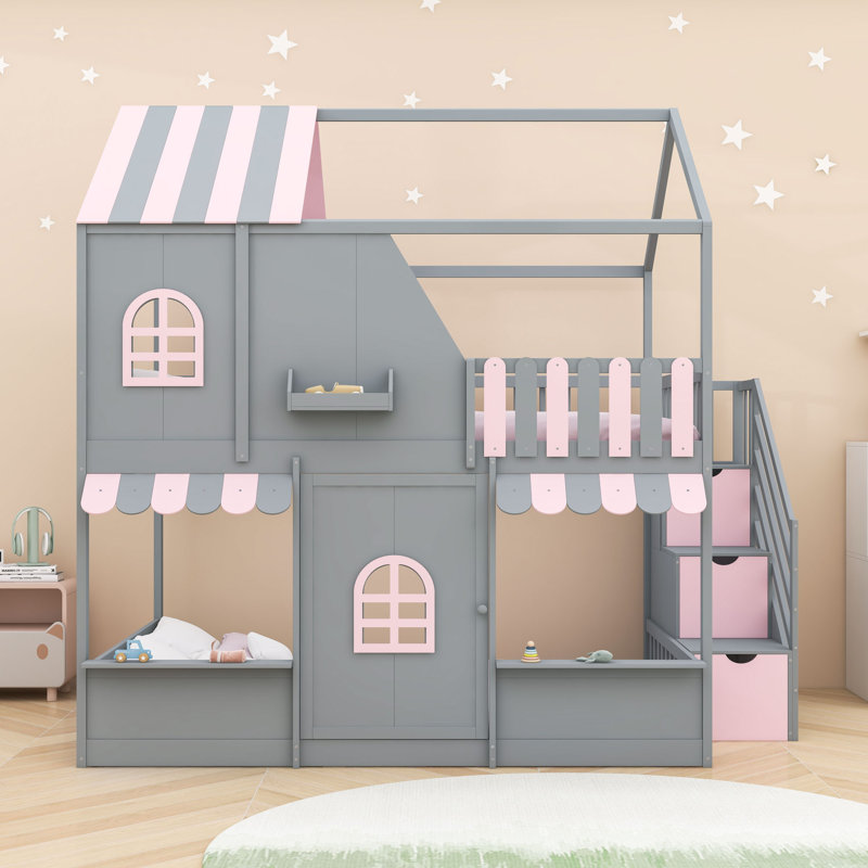 Lit superposé double au-dessus de double avec escalier de rangement et rangement, Gris / rose