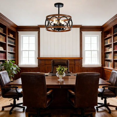 Luminaire suspendu tambour Farmhouse, lustre industriel à 4 lumières avec texture de bois naturel et métal noir, éclairage rustique suspendu réglable pour la salle à manger, la cuisine, le vestibule et la chambre à coucher
