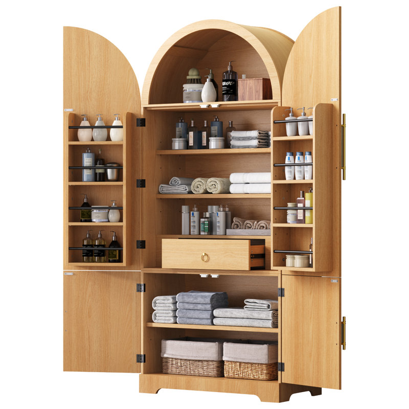 Armoire de cuisine 72 po arquée cannelée - 8 tablettes de porte et 3 tablettes de rangement réglables, Naturel