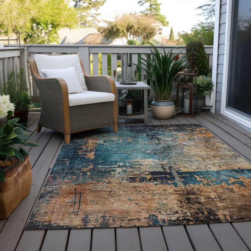 Teal and Brown Abstract Washable Synthetic Area Rug 3' x 5'
