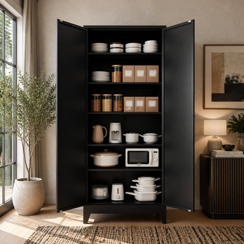 Armoire de cuisine 75 po en métal avec 5 tablettes réglables, capacité de 180 lb, rangement autoportant pour la cuisine et la salle à manger