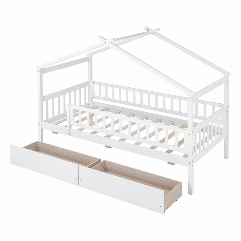 Lit en bois avec deux tiroirs, Simple, Blanc
