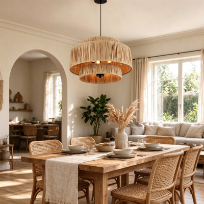 3-Light Boho Artificial Paper Rope Chandelier, 3-Tiered Farmhouse Pendant Light Fixture with Raffia Paper Shade for Bedroom, Dining Room, Living Room, Bulbs Not Included
