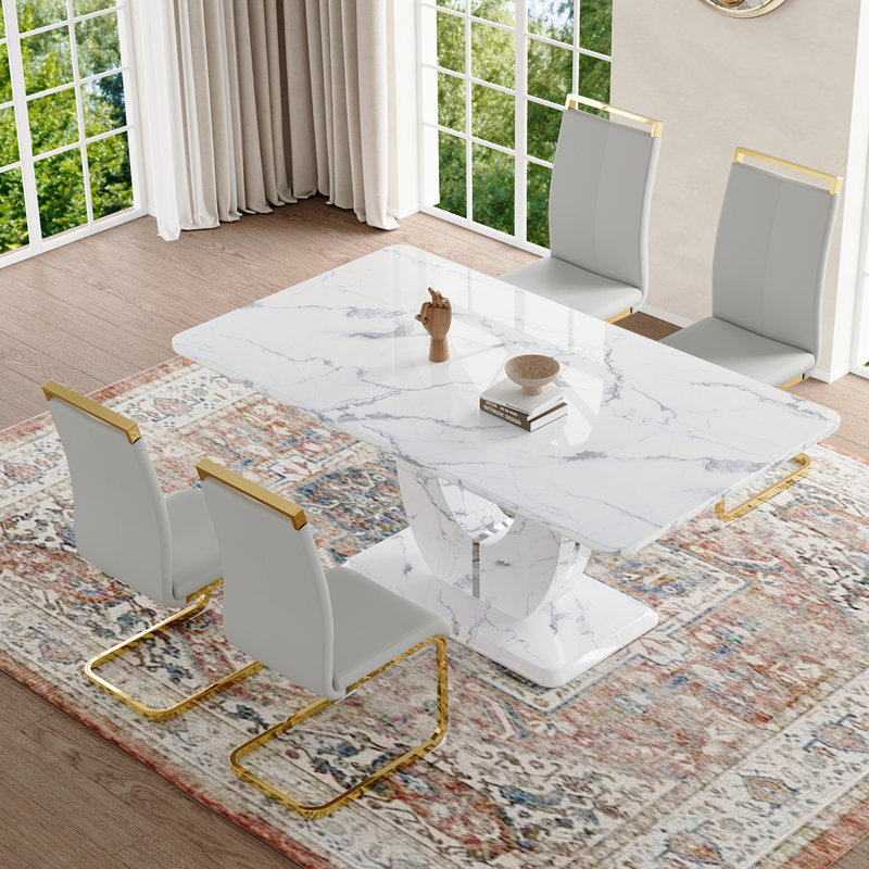Ensemble de table de salle à manger, Gris clair / doré, Marbre blanc, 5 pièces