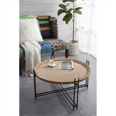 Table basse moderne de style campagnard rond avec un large plateau en bois et des pieds en métal croisés, noir et brun classique, 31,7 pouces