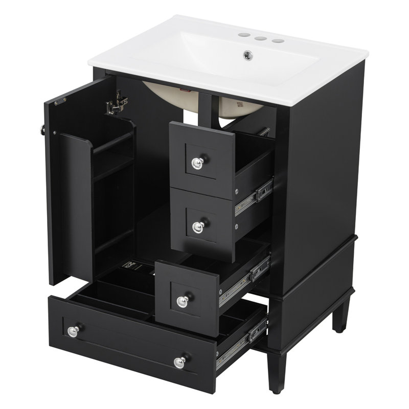 Meuble-lavabo de 24 po avec lavabo en céramique intégré, Noir, Nickel brossé